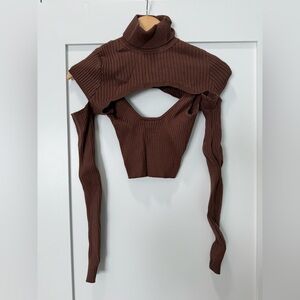 12th Tribe Chocolate Brown Ribbed Cutout Turtleneck Crop Top